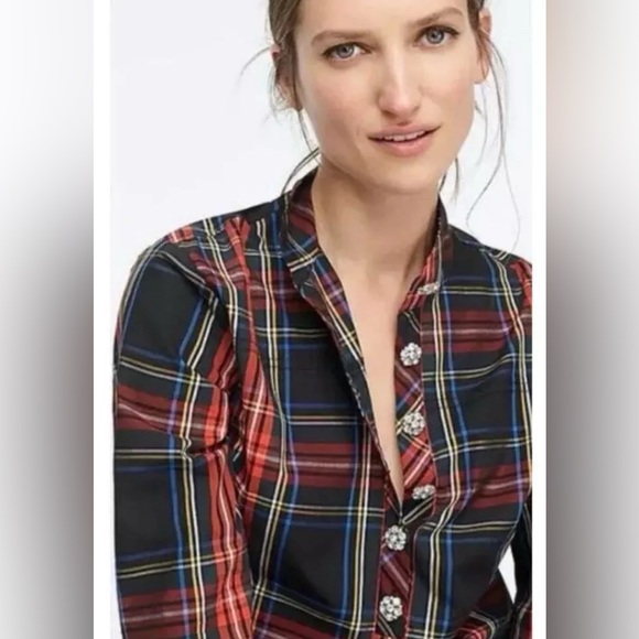 J. CREW Jeweled Button Popover Top Stewart Tartan Plaid Long Sleeve Stretch M - Picture 3 of 12